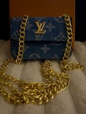 Blue Monogram Denim Mini Shoulder Bag with Gold Chain